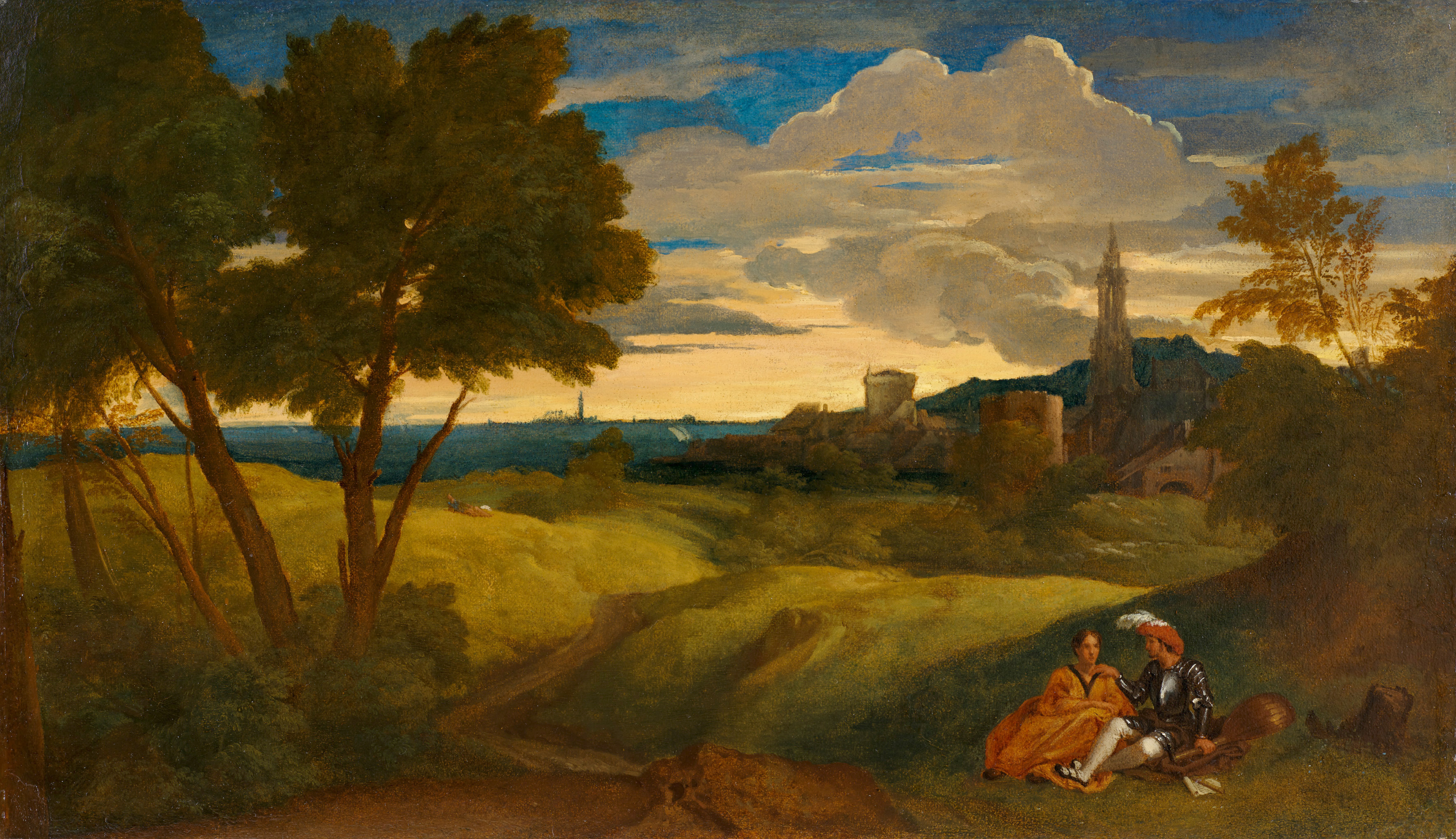 Tiziano Vecellio zugeschrieben - Abendlandschaft mit Figurenpaar, um 1518&ndash;1520